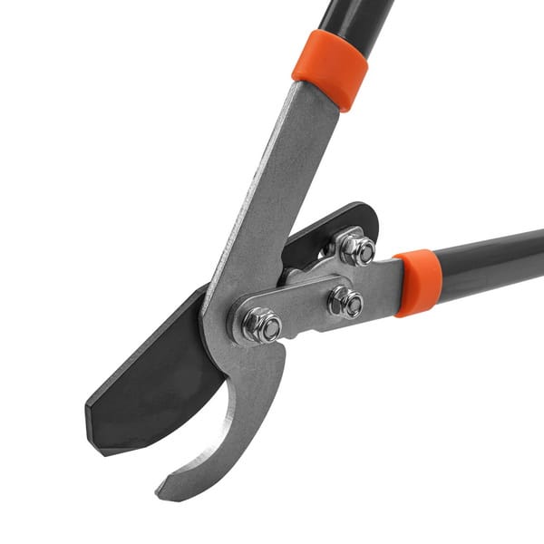 Rear detail of the lopper head showing bolted construction and shock-absorbing bumper to reduce arm fatigue