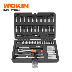 Wokin Industrial 53PCS 1/4 inch drive socket set featuring ratchet wrench, deep sockets, and screwdriver bits in a black case.