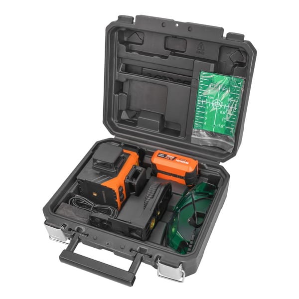 Complete WOKIN 3D Laser Level kit with laser device, battery pack, charger, safety glasses, and target card organized in black blow mold case