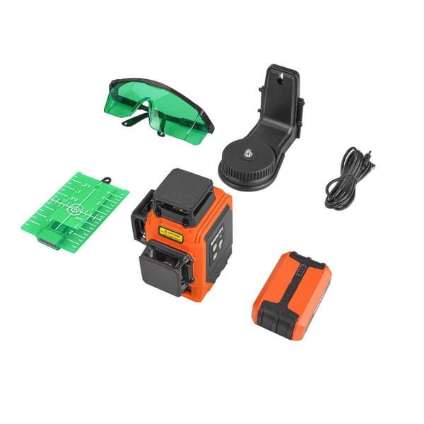 Overview of WOKIN 3D Laser Level kit with laser device, mounting bracket, green safety glasses, target plate, USB cable, and battery pack