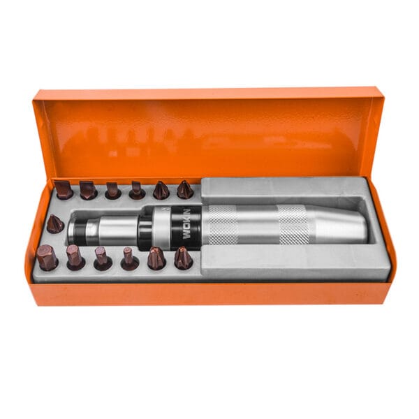 Wokin 14pcs impact screwdriver set with various screw and hex bits in orange case