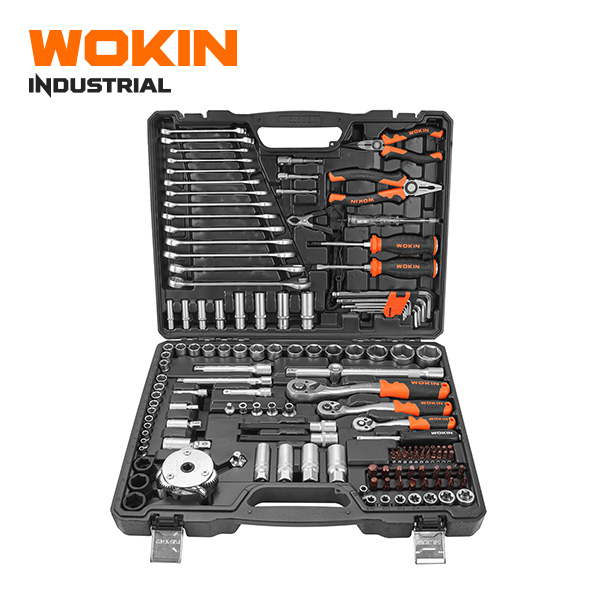 Wokin Industrial 142PCS socket and tool set mechanics auto repair kit with combination spanners, pliers, 3 ratchets, sockets, and oil filter wrench in a black case