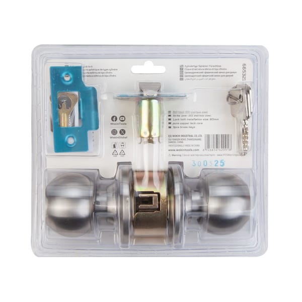 Back view of WOKIN cylinder-type spherical door lock packaging showing knob lock, latch, strike plate, and brass keys