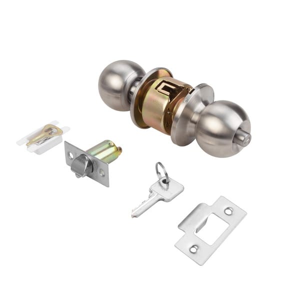 Complete WOKIN cylinder-type spherical door lock set with knobs, latch, strike plate, mounting hardware, and key