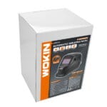 Retail packaging box for WOKIN 589730 automatic welding mask showing 4-sensor and true color technology specifications