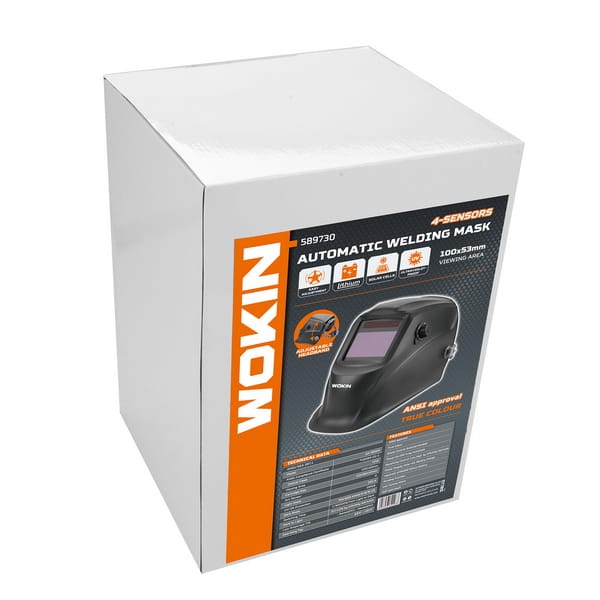 Retail packaging box for WOKIN 589730 automatic welding mask showing 4-sensor and true color technology specifications