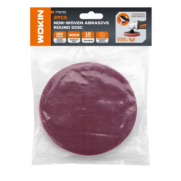 Packaging of WOKIN 2-piece non-woven abrasive round discs (Model 776701), highlighting 180mm diameter, 10mm thickness, and 400# grit aluminium oxide specs.