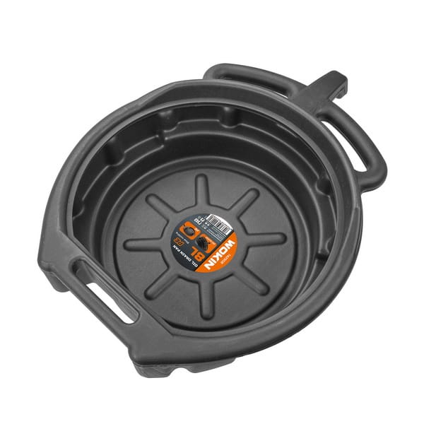 Top view of WOKIN 8L oil drain pan made from durable PE material, featuring a splash-proof lip and sturdy handles for automotive maintenance.