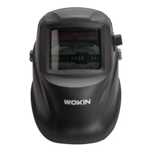 Front view of WOKIN automatic darkening welding mask featuring a large true color viewing lens and solar sensors