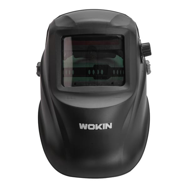 Front view of WOKIN automatic darkening welding mask featuring a large true color viewing lens and solar sensors