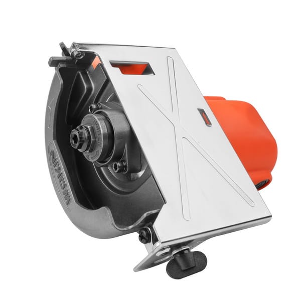 Close-up of WOKIN 12A Marble Cutter showing metallic base plate with etched X-design