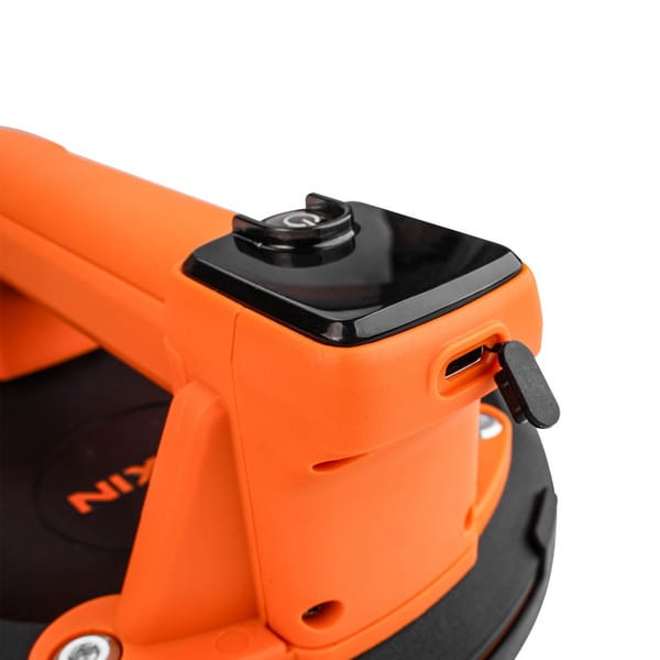Close-up of WOKIN 3.7V Electric Vacuum Suction Cup showing power button and charging port