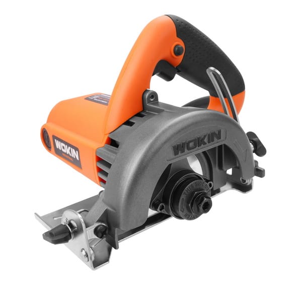 Side view of WOKIN 12A Marble Cutter showing ergonomic handle, blade guard, and depth adjustment mechanism