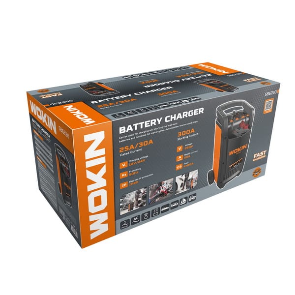 Packaging box for WOKIN battery charger model 586230, highlighting 25A/30A rated current, 300A starting current, and 12V/24V voltage specifications.
