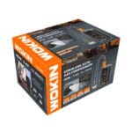 Retail packaging for WOKIN 734080 7.4V cordless auto air compressor highlighting 150 PSI max pressure and smart digital display features.