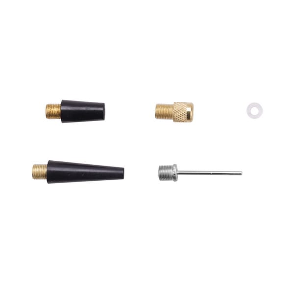 Detail view of the included valve adapter set for WOKIN air compressor, featuring a ball needle, Presta valve adapter, and nozzles for inflatables.