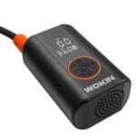 Close-up view of the WOKIN cordless air pump featuring a bright smart digital display screen and intuitive control buttons for pressure adjustment.