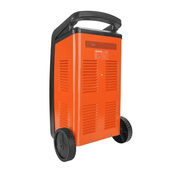 Rear view of the WOKIN heavy-duty battery charger showing the ventilation slots for cooling and the technical specification label.