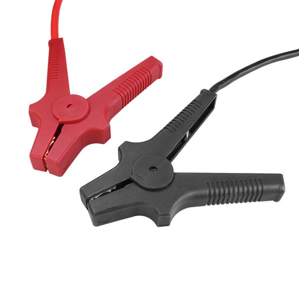Pair of heavy-duty insulated red (positive) and black (negative) charging clamps (crocodile clips) for WOKIN automotive battery charger.
