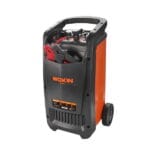 Front view of the WOKIN portable battery charger featuring a robust housing, integrated cable storage pocket, and wheels for easy mobility.