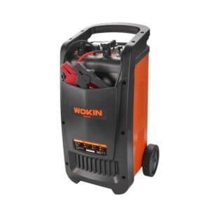 Front view of the WOKIN portable battery charger featuring a robust housing, integrated cable storage pocket, and wheels for easy mobility.