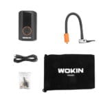 Full kit contents of WOKIN portable tire inflator including the main unit, air hose, USB charging cable, valve adapters, and velvet storage pouch.