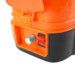 Close-up of WOKIN 20V Cordless Pressure Sprayer showing power switch and rotary control knob for adjusting spray settings and operation modes