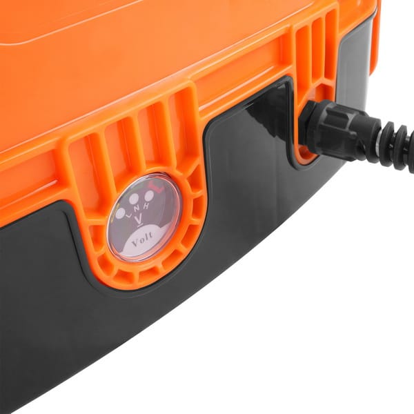Close-up of WOKIN 20V Cordless Pressure Sprayer showing voltage indicator with low, normal, and high levels