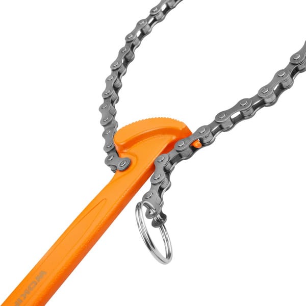 Detailed view of WOKIN 9 inch chain wrench showing chain-to-head connection and integrated metal hanging ring