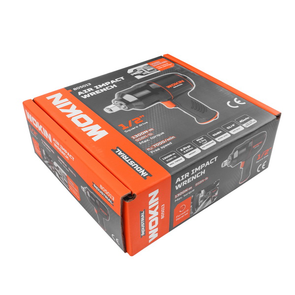Retail packaging box for the WOKIN Industrial 1/2-inch Air Impact Wrench, highlighting its maximum torque of 1300Nm and 1/2-inch square drive.