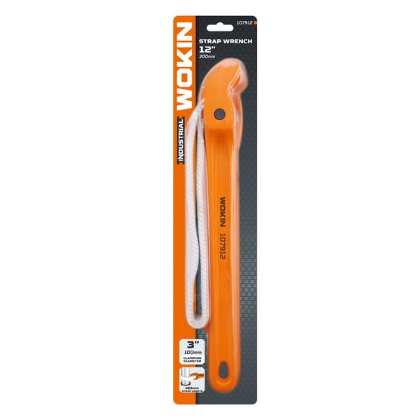 Packaging of WOKIN 12-inch (300mm) strap wrench model 107912, highlighting the 3-inch (100mm) clamping diameter capacity.