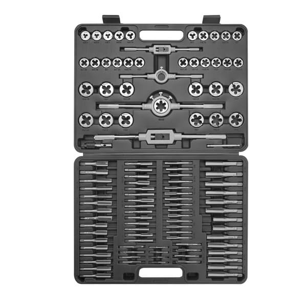 Open view of WOKIN 110pcs set showing organized layout of tungsten steel taps, dies, and wrenches inside the case