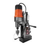 Front angle view of the WOKIN 1800W magnetic drill machine showing the drill chuck and vertical guide rail system.