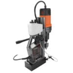 Rear view of the WOKIN 1800W multi-purpose magnetic drill featuring a high-capacity coolant tank and heavy-duty magnetic base.