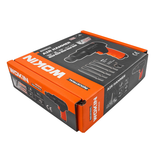 Retail packaging box for the WOKIN 190mm Air Hammer kit, highlighting its 4500 bpm strong power and the included 5-piece chisel set.