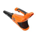 Rear view of WOKIN cordless leaf blower body showing the large air intake grid and empty battery slot.