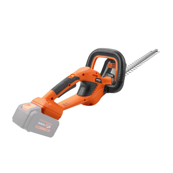 WOKIN 20V cordless hedge trimmer body with a ghosted battery illustration indicating the battery is sold separately (Tool Only)