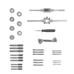 Flat lay view of all 32 pieces in the WOKIN set including metric taps, dies, wrenches, and screwdriver