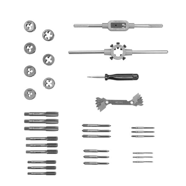 Flat lay view of all 32 pieces in the WOKIN set including metric taps, dies, wrenches, and screwdriver