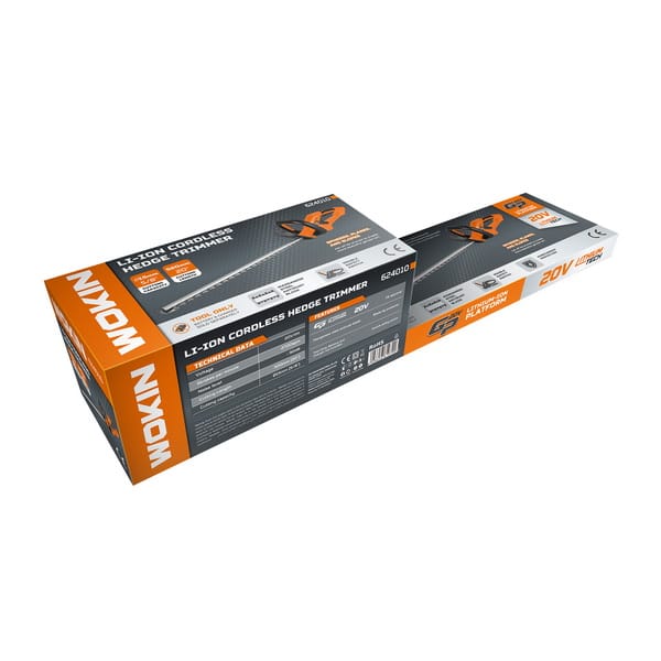 Retail packaging for WOKIN 624010 20V Li-ion cordless hedge trimmer showing cutting capacity and technical data.