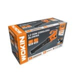 Retail packaging for WOKIN 624030 20V Li-ion cordless blower highlighting 100MPH air speed and tool-only specification