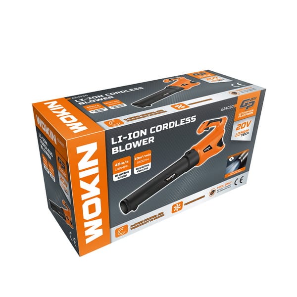 Retail packaging for WOKIN 624030 20V Li-ion cordless blower highlighting 100MPH air speed and tool-only specification