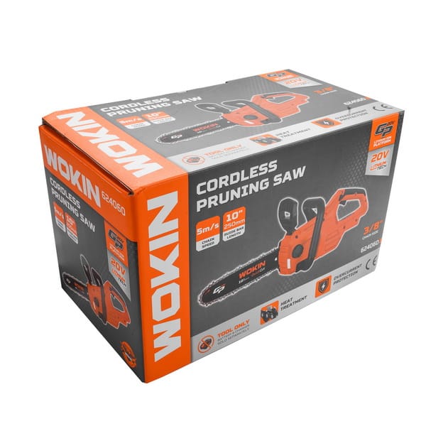 Retail packaging for WOKIN 624060 20V cordless pruning saw featuring a 10-inch (250mm) guide bar and 5m/s chain speed.