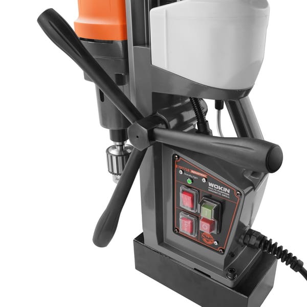 Control panel of WOKIN model 797718 magnetic drill featuring separate switches for magnet activation and motor power.