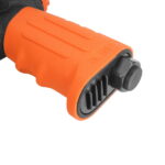 Close-up of the orange ergonomic handle base on the WOKIN mini air wrench, showing the air inlet fitting, exhaust ports, and daily oiling reminder.