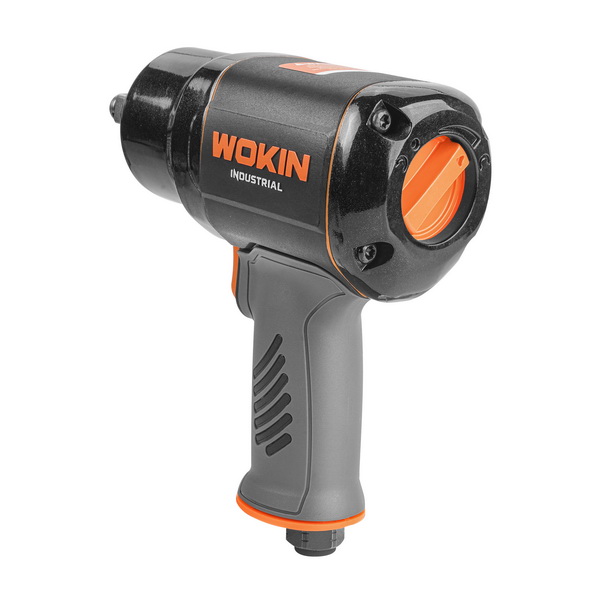 Back view of the WOKIN air impact wrench showcasing the orange forward/reverse power regulator dial and the ergonomic grey rubber handle grip.