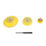 Included accessories for the WOKIN air sander: three yellow hook-and-loop backing pads in 1-inch, 2-inch, and 3-inch sizes, plus a spindle locking pin.