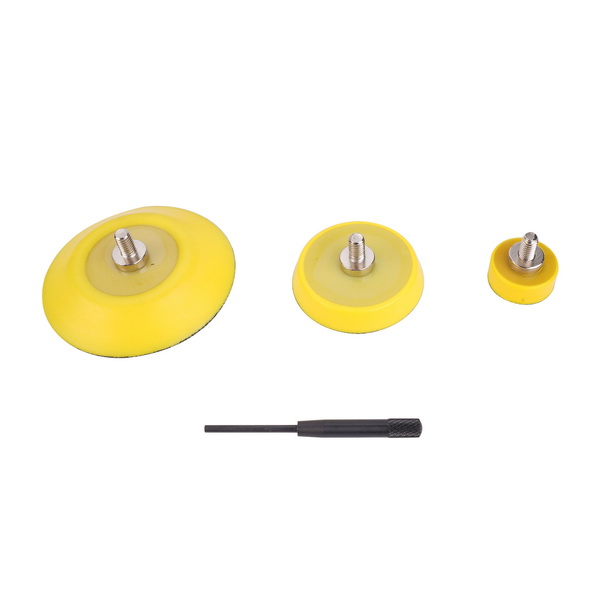 Included accessories for the WOKIN air sander: three yellow hook-and-loop backing pads in 1-inch, 2-inch, and 3-inch sizes, plus a spindle locking pin.