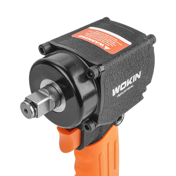 Close-up front view of the WOKIN mini pneumatic impact wrench, showing the 1/2-inch square drive anvil and durable black housing.