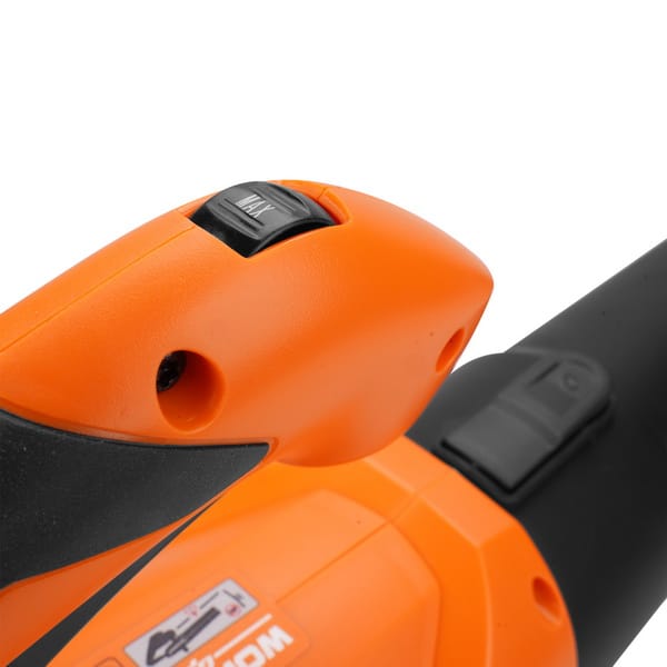 Close-up of the 2-speed control switch located on the handle of the WOKIN 20V garden blower.